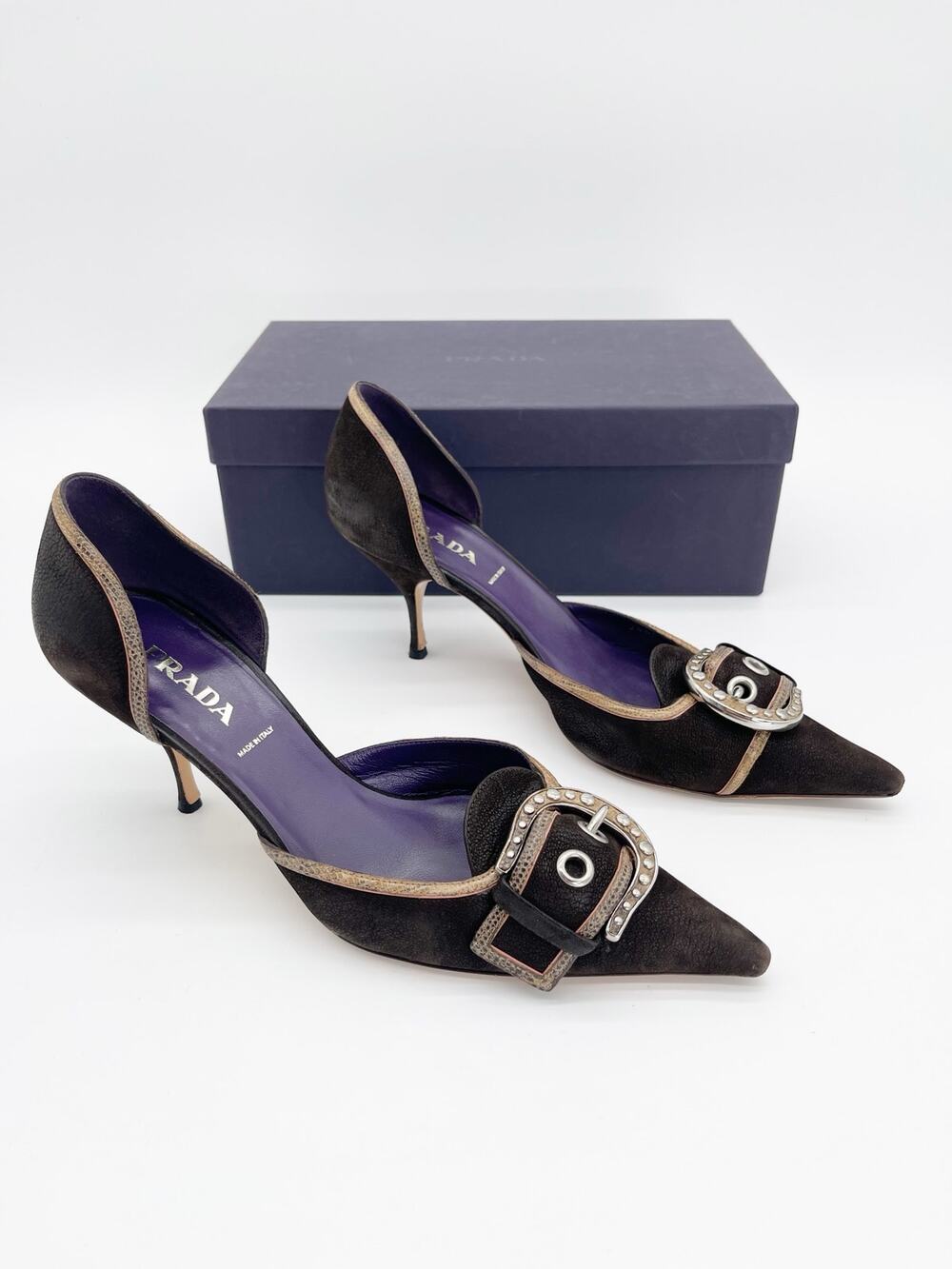 Prada Vintage Dark Brown Camel Nubuck Leather Buckle D'Orsay Pumps Heels IT 39.5
